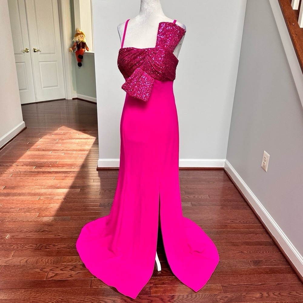 Vintage 2000s Morgan & Co Pink Open Back Sequin Bow Embellished Maxi Dress